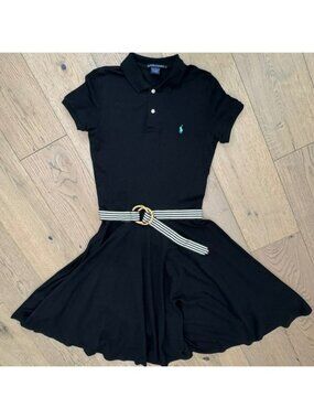 Ralph Lauren Dress Womens Large Black Belted Fit Flare Midi Short Sleeve Pique